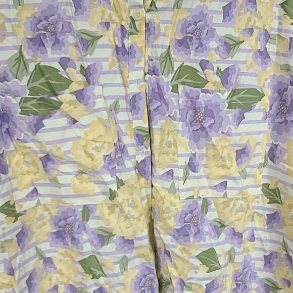LuLaRoe Amy Oversized Lilac Floral Striped Dolman Short Sleeve Button Down Shirt - Picture 7 of 11
